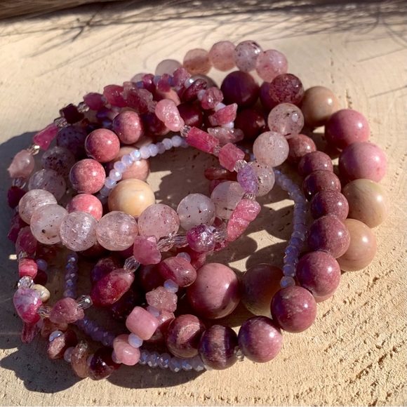 Natural Strawberry Quartz, Pink Rhodonite & Raw Tourmaline Gemstone Bracelets - Picture 1 of 15